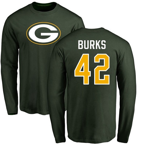 Men Green Bay Packers Green #42 Burks Oren Name And Number Logo Nike NFL Long Sleeve T Shirt